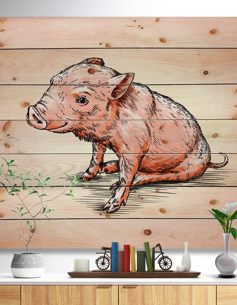 DesignQ Smiling Pig in Brush Painting - Farmhouse Animal Painting Print on Natural Pine Wood