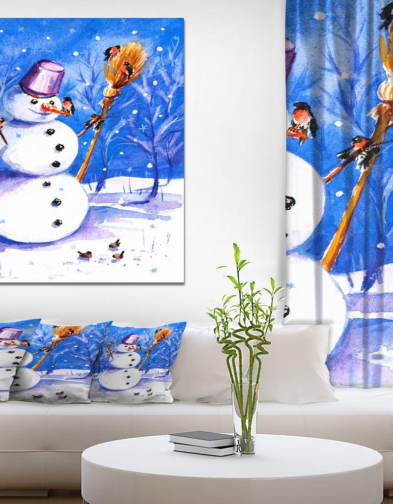 DesignQ Snowman Playing with Birds - Animals Painting Print on Wrapped Canvas