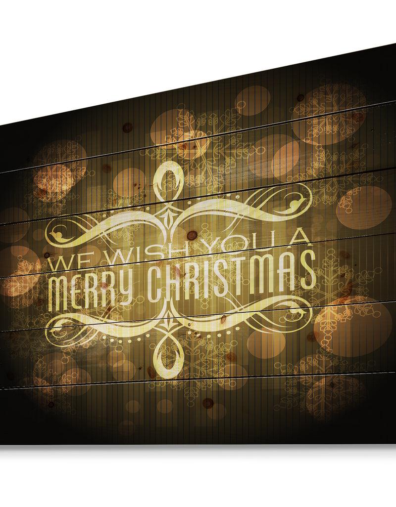 DesignQ Stylish Merry Christmas Wish On Yellow And Black - Print On Natural Pine Wood