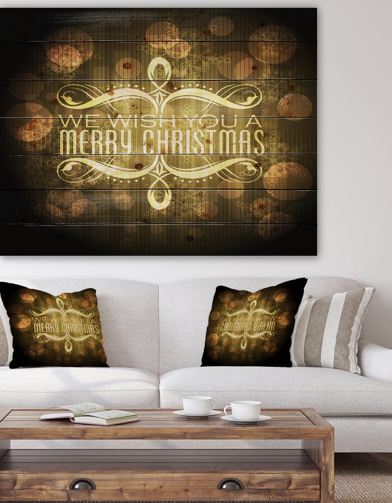 DesignQ Stylish Merry Christmas Wish on Yellow and Black - Print on Natural Pine Wood
