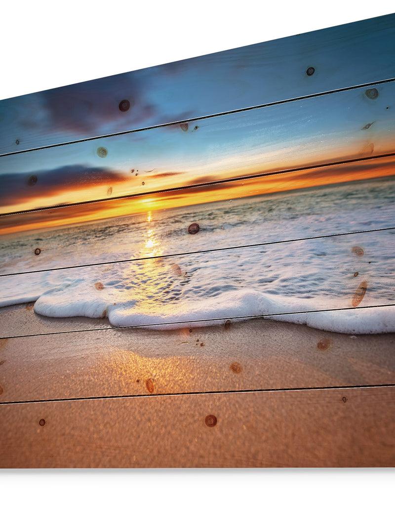 DesignQ Sunrise Light Shining From Blue Sky - Landscapes Sea & Shore Print On Natural Pine Wood