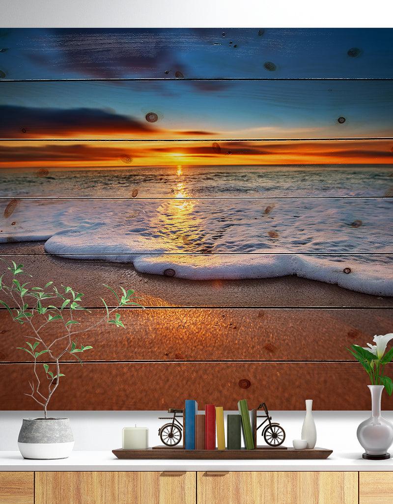 DesignQ Sunrise light shining from Blue Sky - Landscapes Sea & Shore Print on Natural Pine Wood