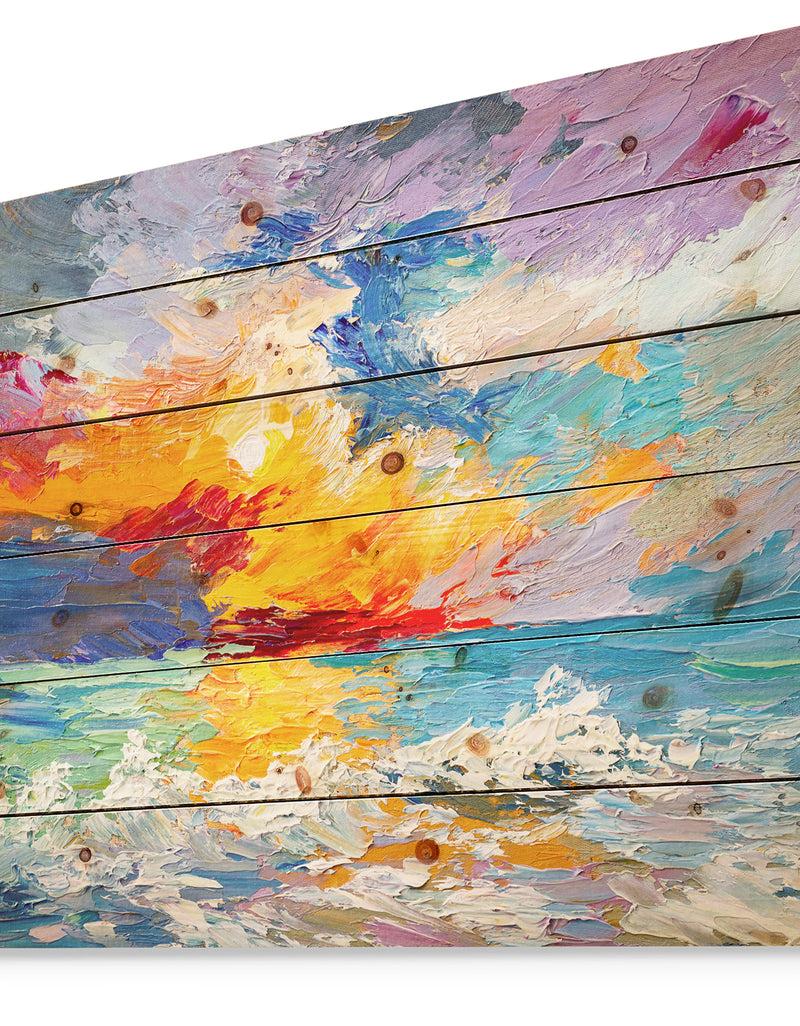 DesignQ Sunset On The Horizon - Sea & Shore Painting Print On Natural Pine Wood