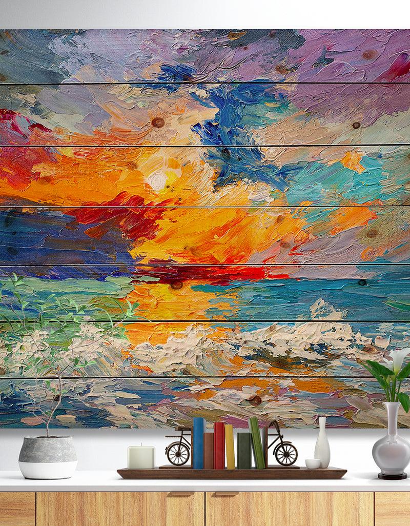 DesignQ Sunset on the Horizon - Sea & Shore Painting Print on Natural Pine Wood