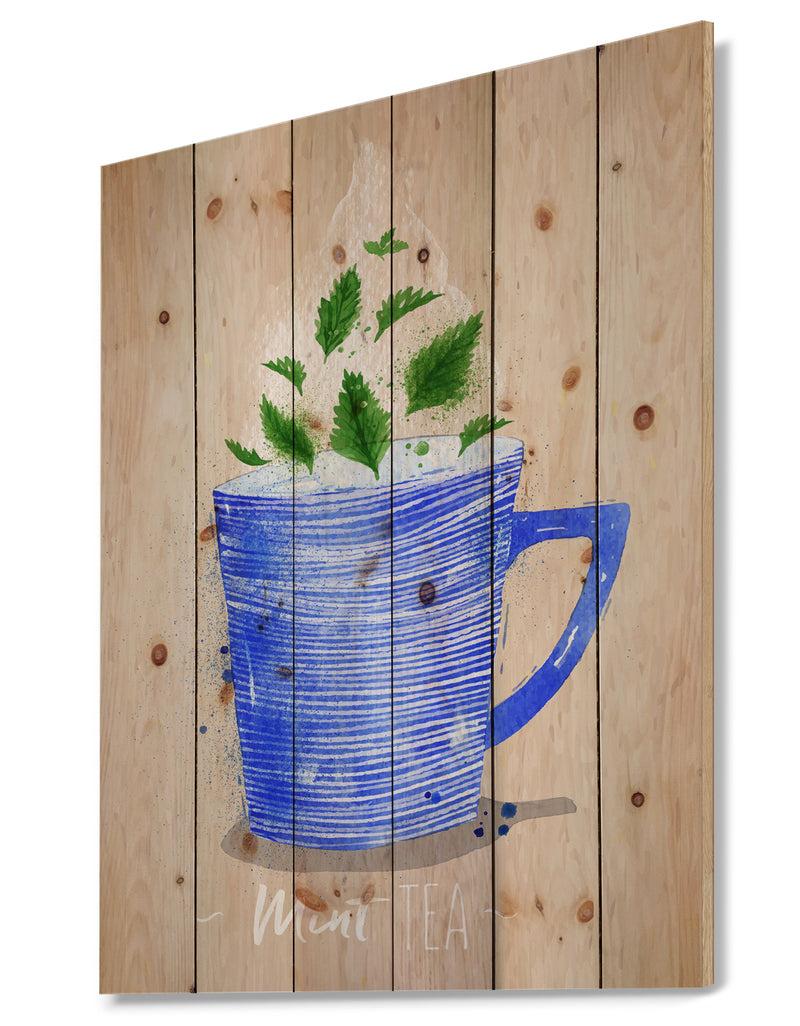 DesignQ Teacup Mint Tea Kraft - Food Painting Print On Natural Pine Wood