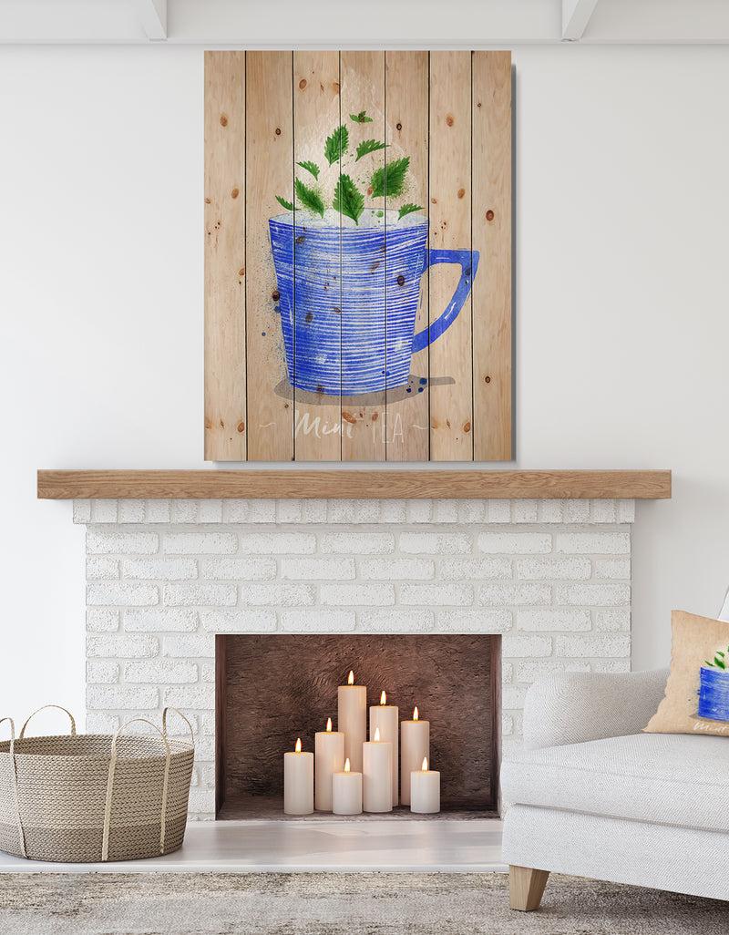 DesignQ Teacup mint tea kraft - Food Painting Print on Natural Pine Wood