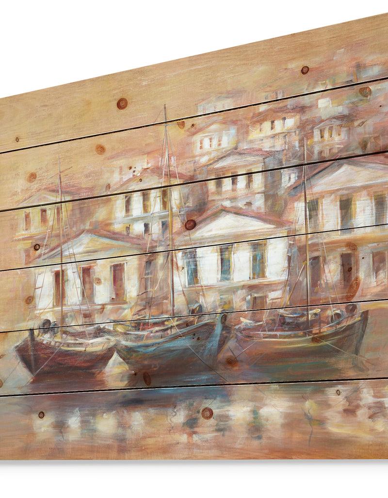 DesignQ Three Old Fishing Boats In Harbor - Sea & Shore Painting Print On Natural Pine Wood