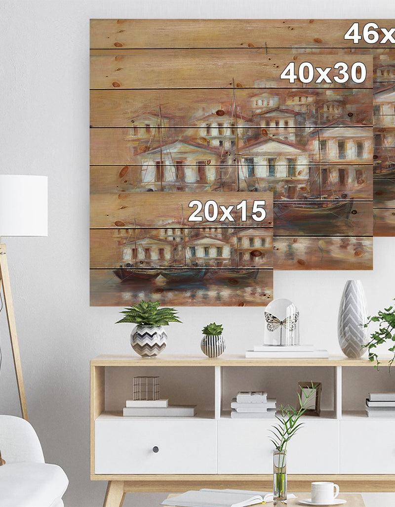 DesignQ Three Old Fishing Boats In Harbor - Sea & Shore Painting Print On Natural Pine Wood