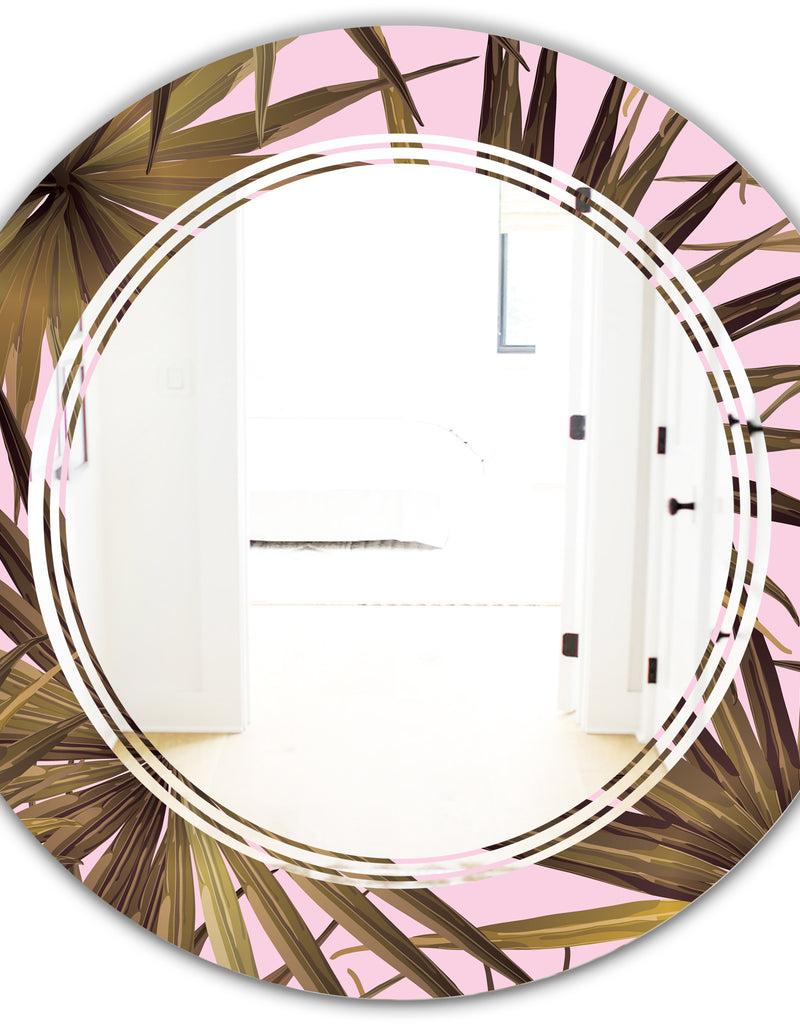 DesignQ Tropical Leaves On Pink - Modern Round Or Oval Wall Mirror - Triple C