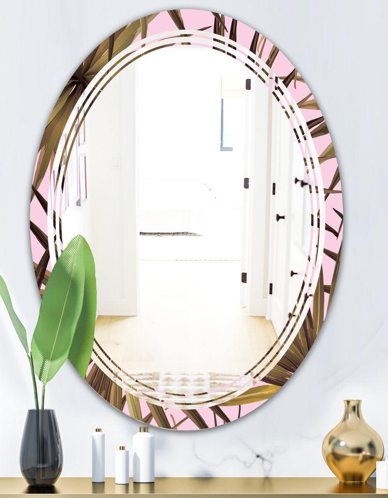 DesignQ Tropical Leaves On Pink - Modern Round Or Oval Wall Mirror - Triple C