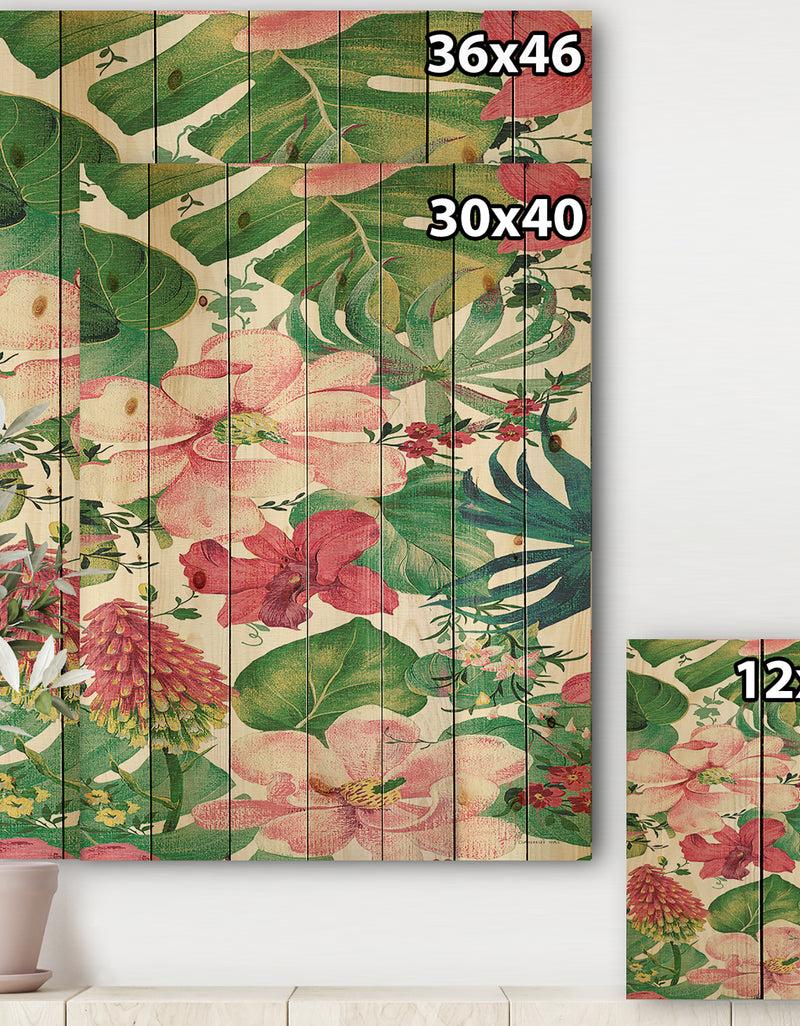 DesignQ Tropical Red And Pink Flowers - Cabin & Lodge Print On Natural Pine Wood
