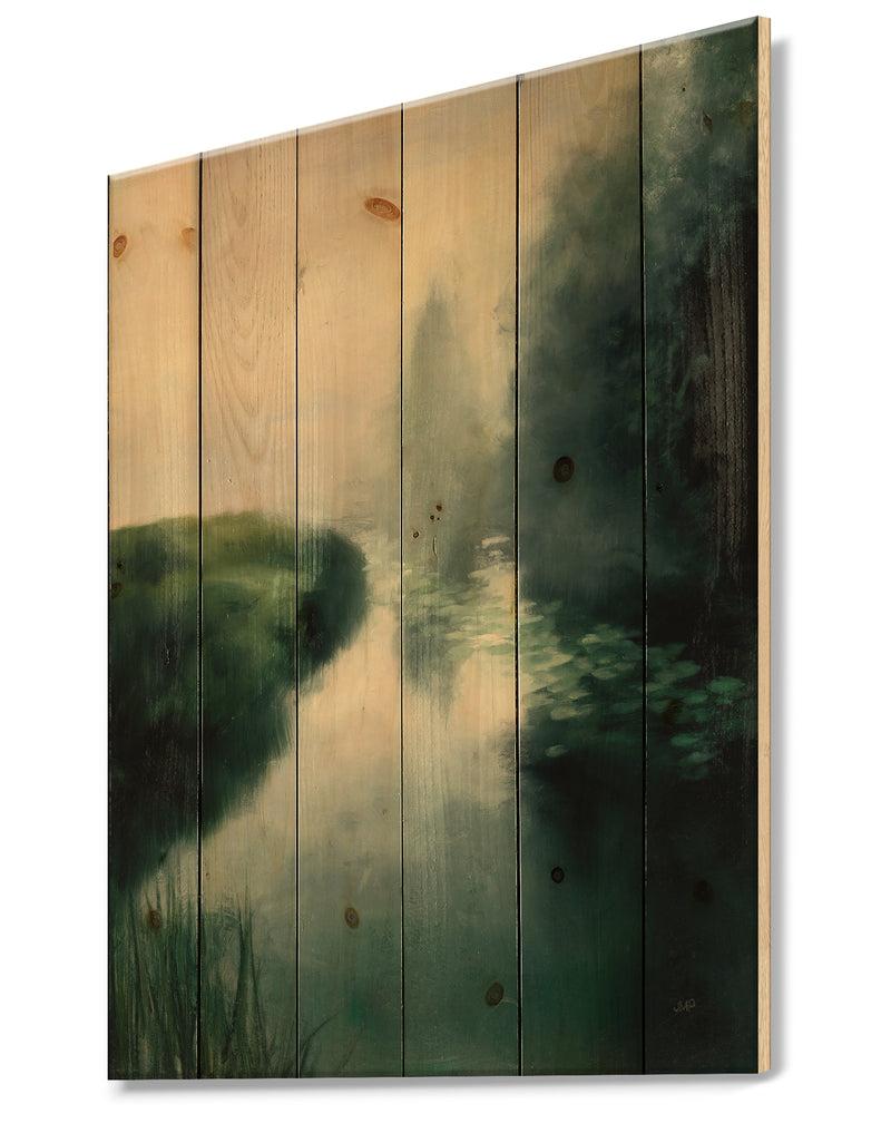 DesignQ Twilight Fog Lakeshore - Landscape & Nature Print On Natural Pine Wood