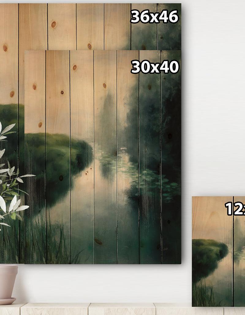 DesignQ Twilight Fog Lakeshore - Landscape & Nature Print On Natural Pine Wood