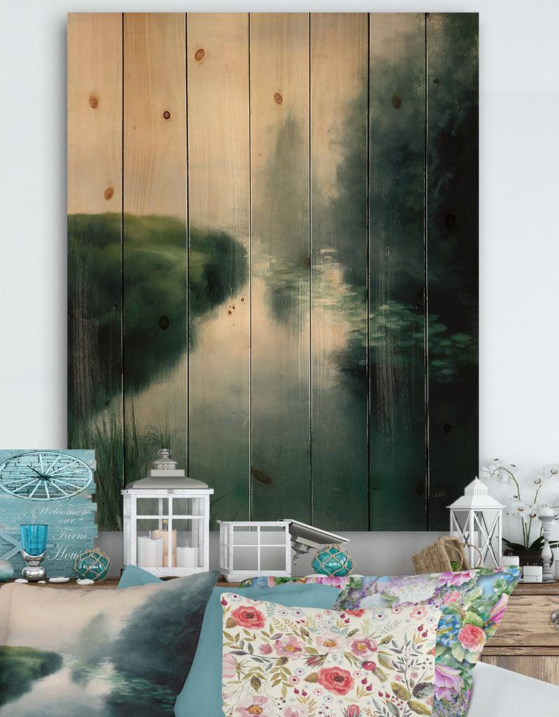 DesignQ Twilight Fog Lakeshore - Landscape & Nature Print on Natural Pine Wood