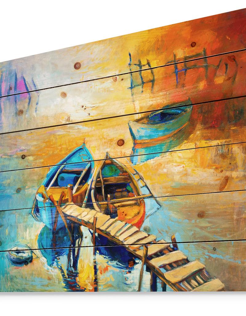 DesignQ Two Boats In Pier At Golden Sunset - Sea & Shore Painting Print On Natural Pine Wood