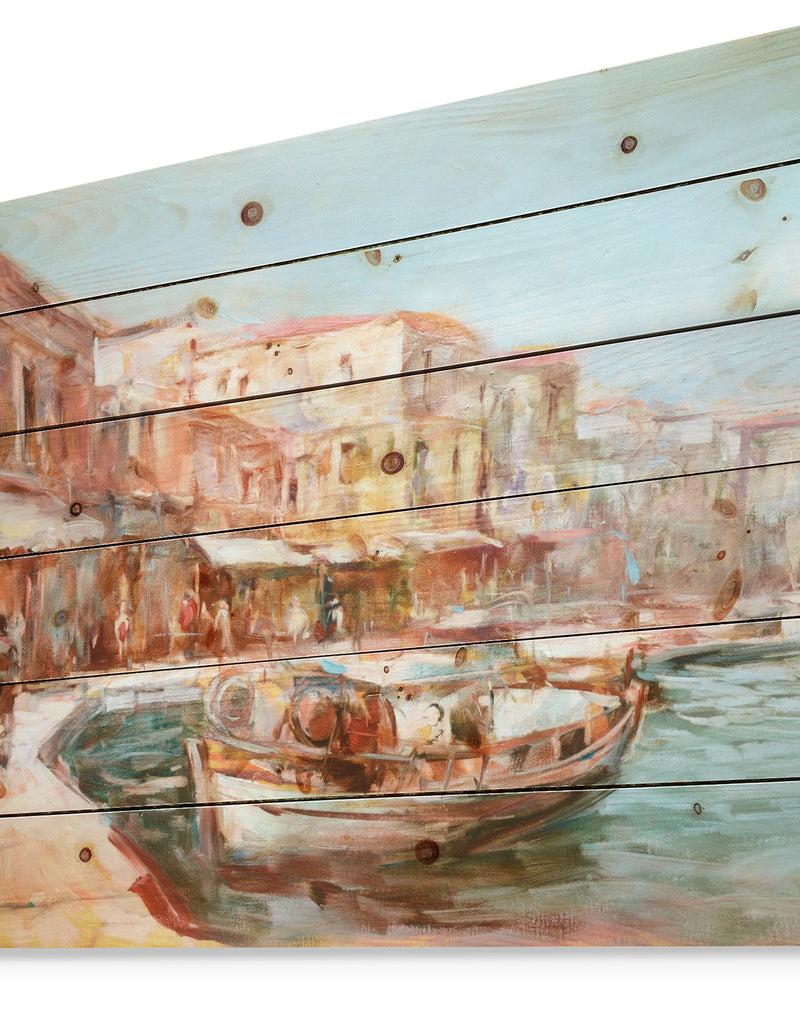 DesignQ Two Fishing Boat In Village View - Sea & Shore Painting Print On Natural Pine Wood