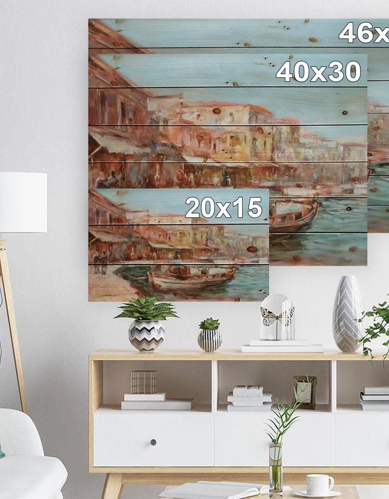 DesignQ Two Fishing Boat In Village View - Sea & Shore Painting Print On Natural Pine Wood