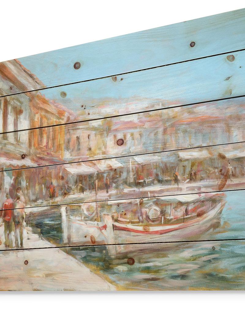DesignQ Two Vintage Fishing Boat - Sea & Shore Painting Print On Natural Pine Wood