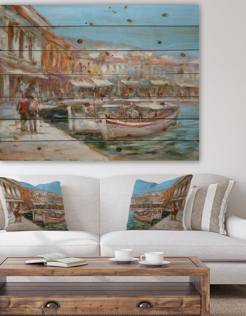 DesignQ Two Vintage Fishing Boat - Sea & Shore Painting Print on Natural Pine Wood