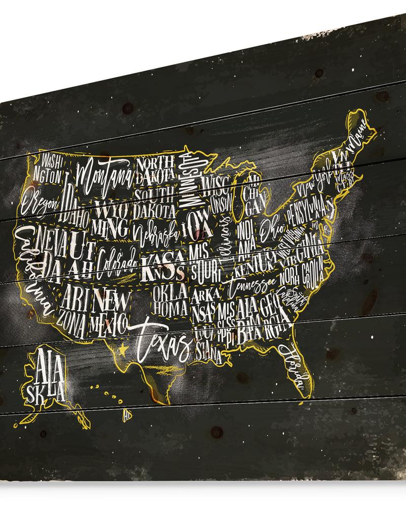 DesignQ United States Chalk Yellow Vintage Map - Maps Painting Print On Natural Pine Wood