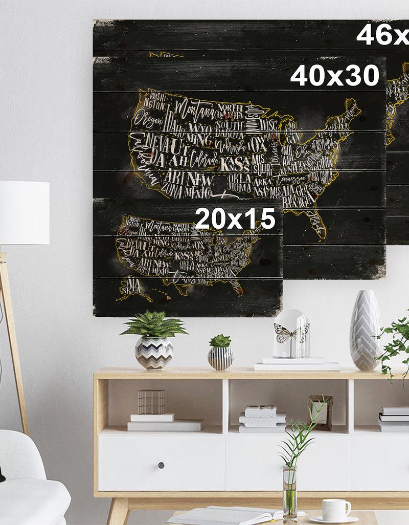 DesignQ United States Chalk Yellow Vintage Map - Maps Painting Print On Natural Pine Wood