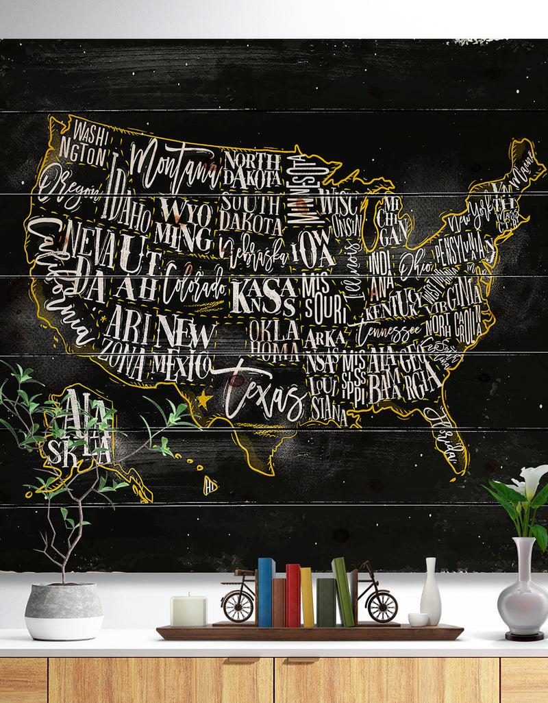 DesignQ United States Chalk Yellow Vintage Map - Maps Painting Print on Natural Pine Wood