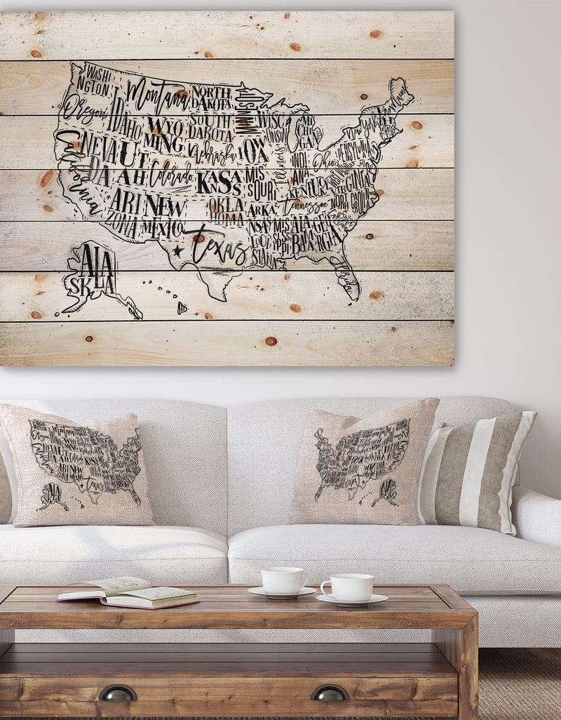 DesignQ United States Vintage Map in Dirty Paper - Maps Painting Print on Natural Pine Wood