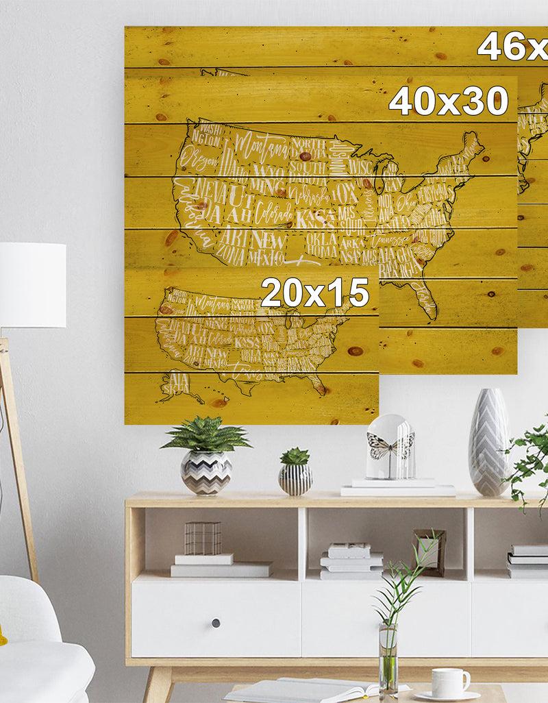 DesignQ United States Yellow Vintage Map - Maps Painting Print On Natural Pine Wood