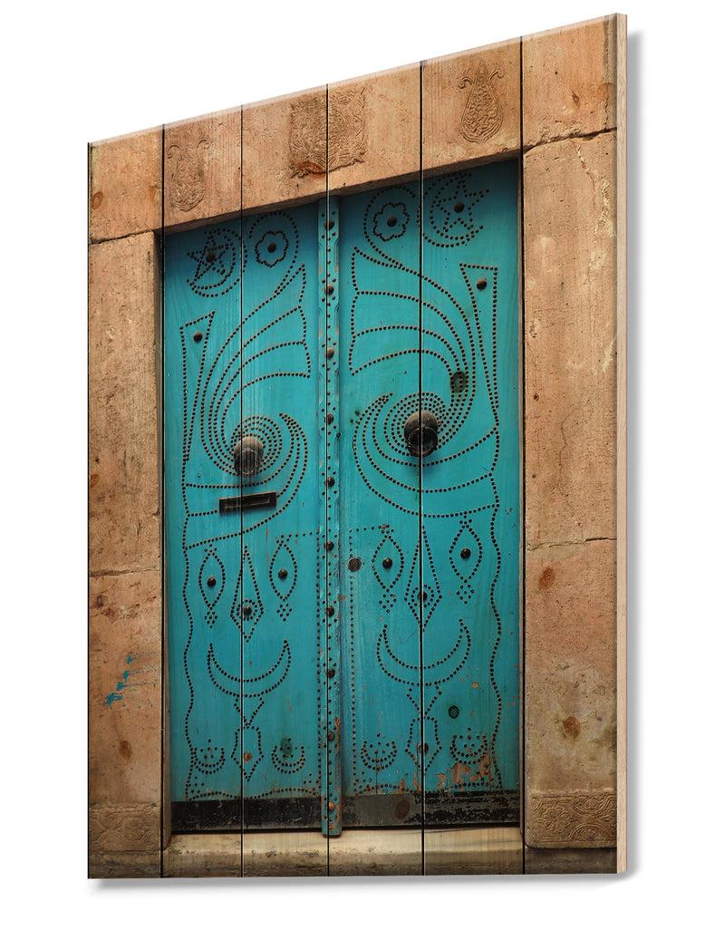 DesignQ Vintage Arabic Blue Door - Vintage Print On Natural Pine Wood
