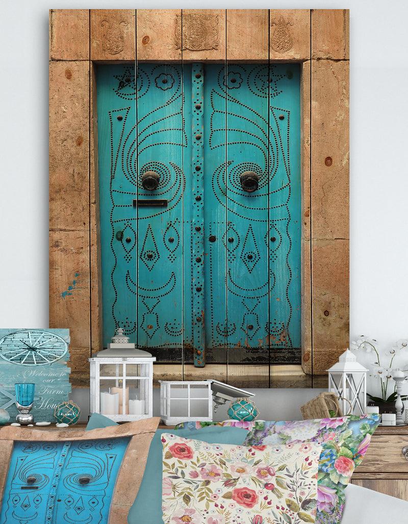 DesignQ Vintage Arabic Blue Door - Vintage Print on Natural Pine Wood