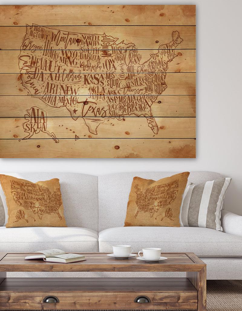 DesignQ Vintage United States Chalk Yellow Map - Maps Painting Print on Natural Pine Wood