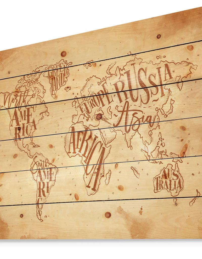 DesignQ Vintage Worldmap In Chalk Background - Maps Painting Print On Natural Pine Wood