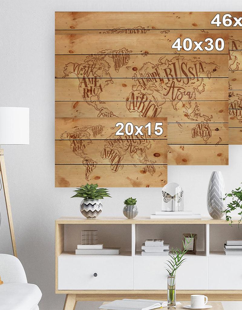 DesignQ Vintage Worldmap In Chalk Background - Maps Painting Print On Natural Pine Wood