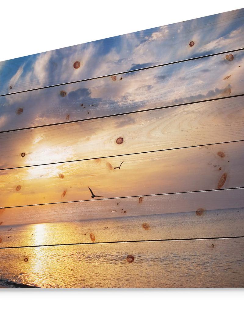 DesignQ West Cost Sunrise Over The Seas - Landscapes Sea & Shore Print On Natural Pine Wood