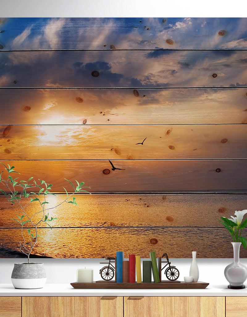 DesignQ West Cost Sunrise Over The seas - Landscapes Sea & Shore Print on Natural Pine Wood