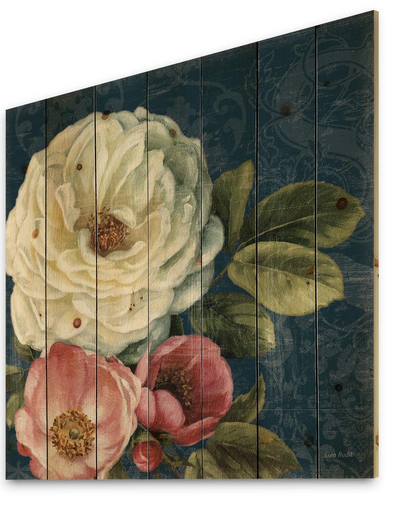 DesignQ White And Pink Damask Rose Flowers - Farmhouse Print On Natural Pine Wood