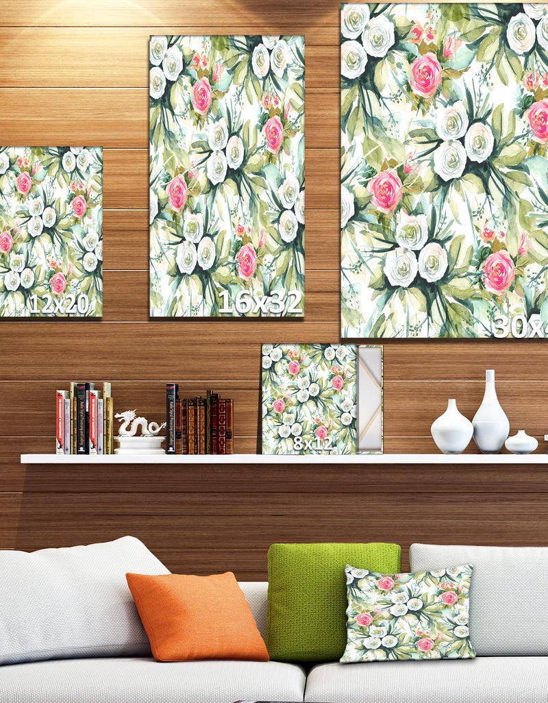 DesignQ White And Red Roses In Seamless Pattern - Floral Painting Print On Wrapped Canvas