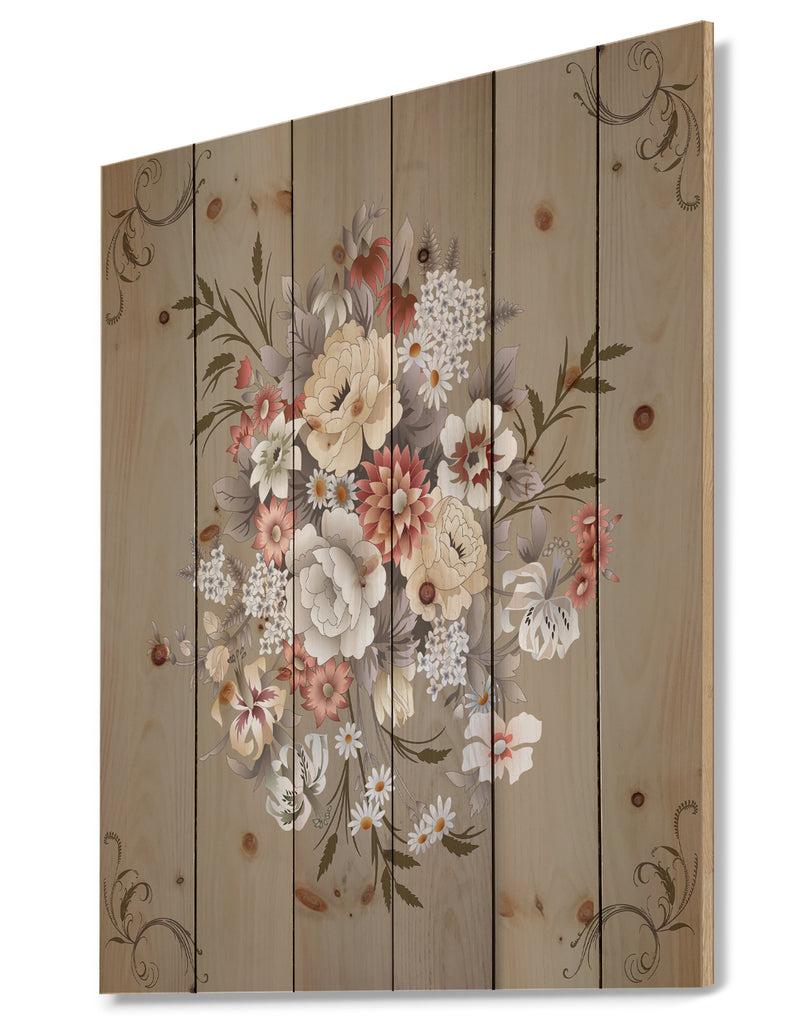 DesignQ White And Yellow Floral Pattern - Floral Print On Natural Pine Wood