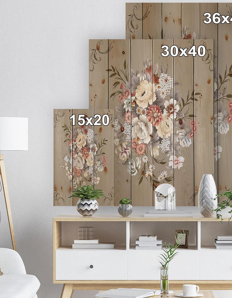 DesignQ White And Yellow Floral Pattern - Floral Print On Natural Pine Wood