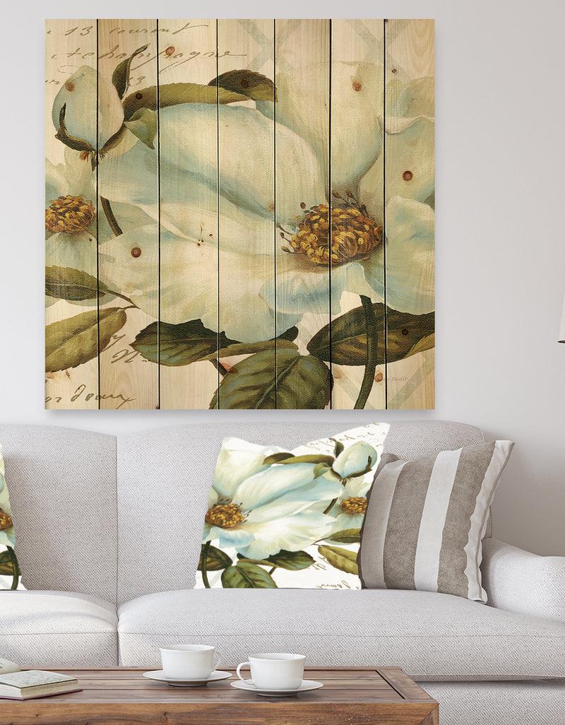 DesignQ White Blossoming Flower Close-up - Modern Farmhouse Print on Natural Pine Wood