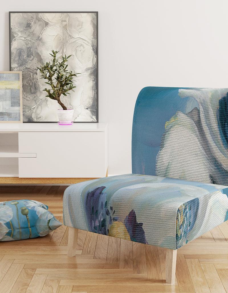 DesignQ White Flower On Blue II - Upholstered Farmhouse Accent Chair