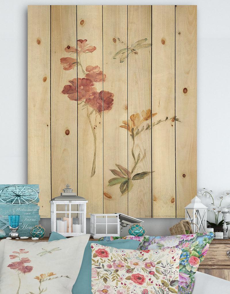 DesignQ Wild Simple Wallflowers II - Farmhouse Print On Natural Pine Wood