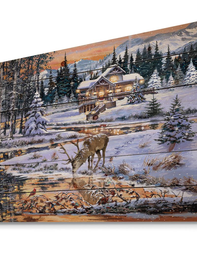 DesignQ Winter Christmas Scene With Buck Drinking From Golden River - Print On Natural Pine Wood
