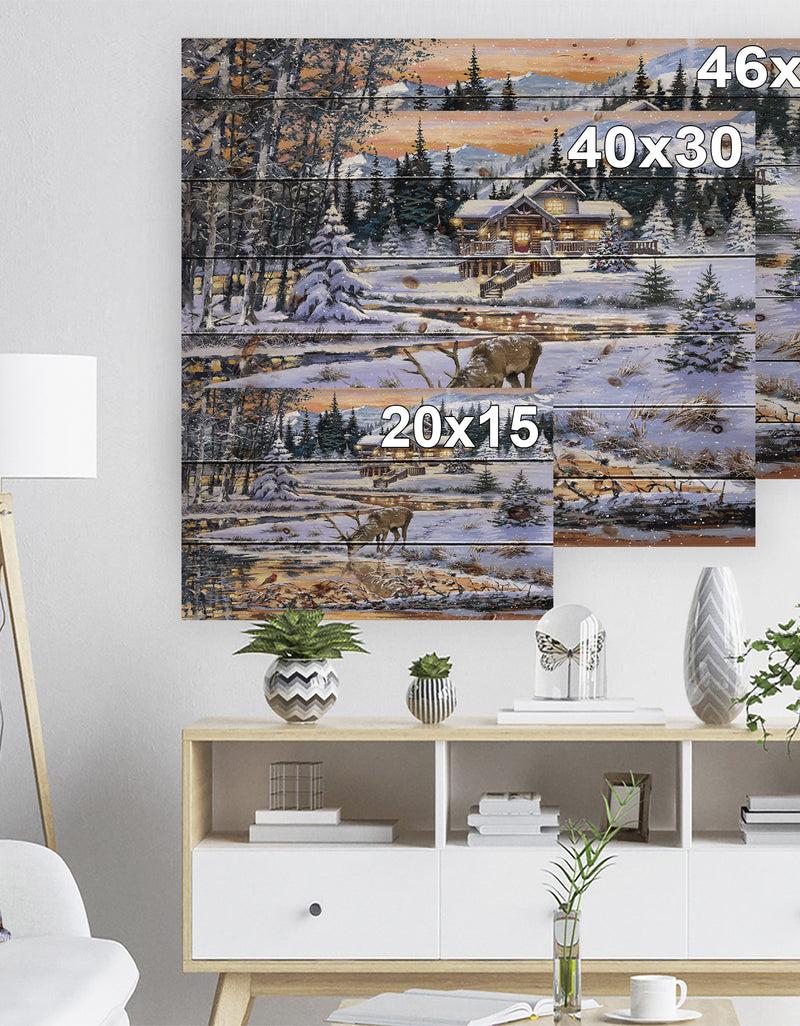 DesignQ Winter Christmas Scene With Buck Drinking From Golden River - Print On Natural Pine Wood