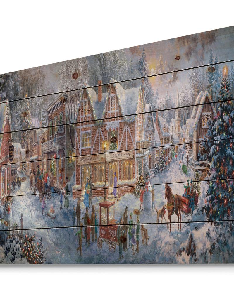 DesignQ Winter Christmas Shopping In Snowy Cottage With Sleigh - Print On Natural Pine Wood