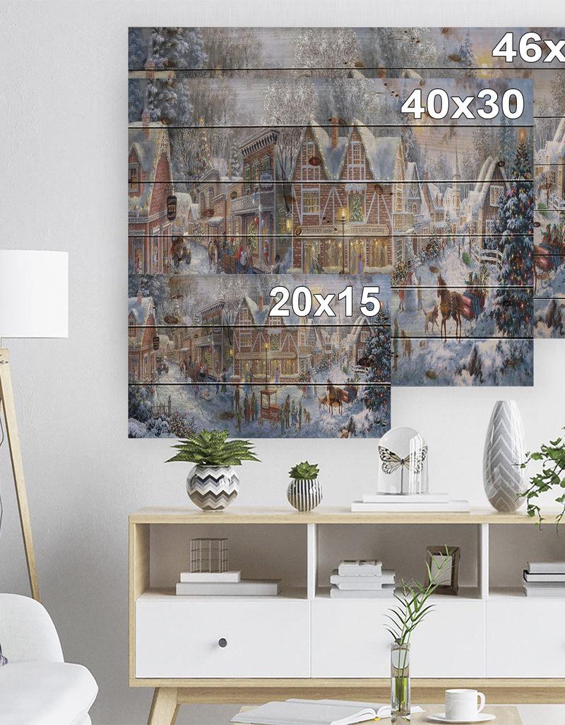 DesignQ Winter Christmas Shopping In Snowy Cottage With Sleigh - Print On Natural Pine Wood