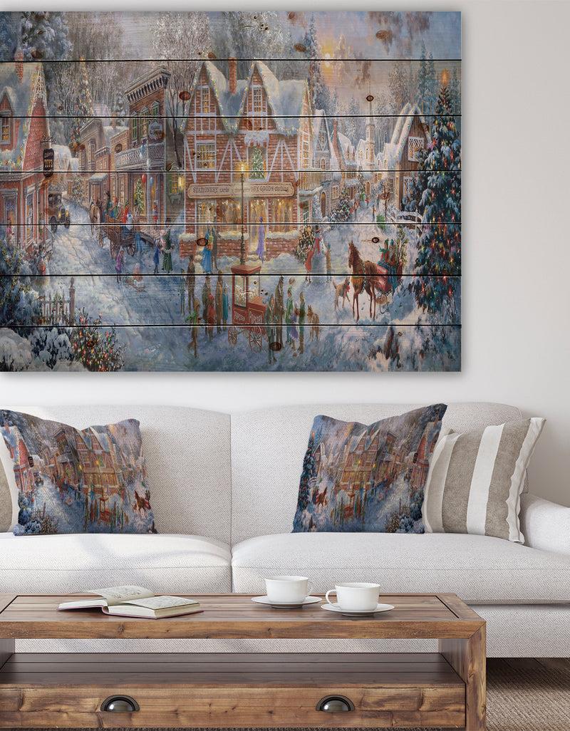DesignQ Winter Christmas Shopping in snowy cottage with sleigh - Print on Natural Pine Wood