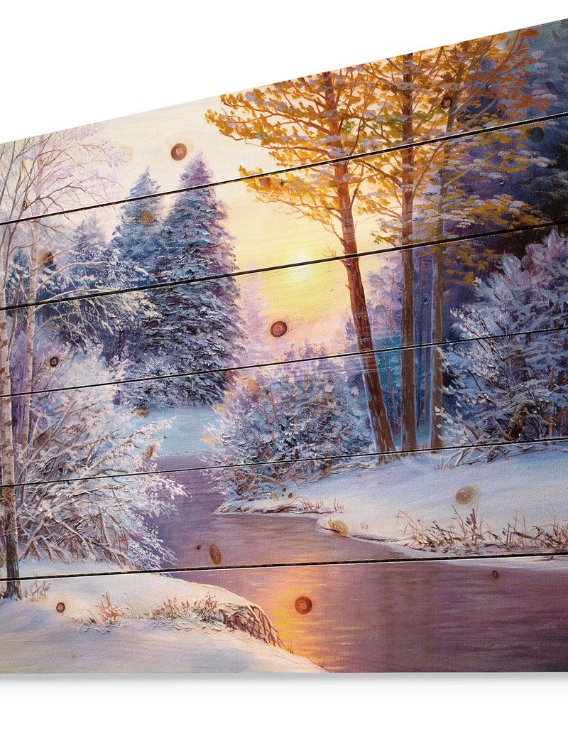 DesignQ Winter Forest In River - Landscapes Painting Print On Natural Pine Wood