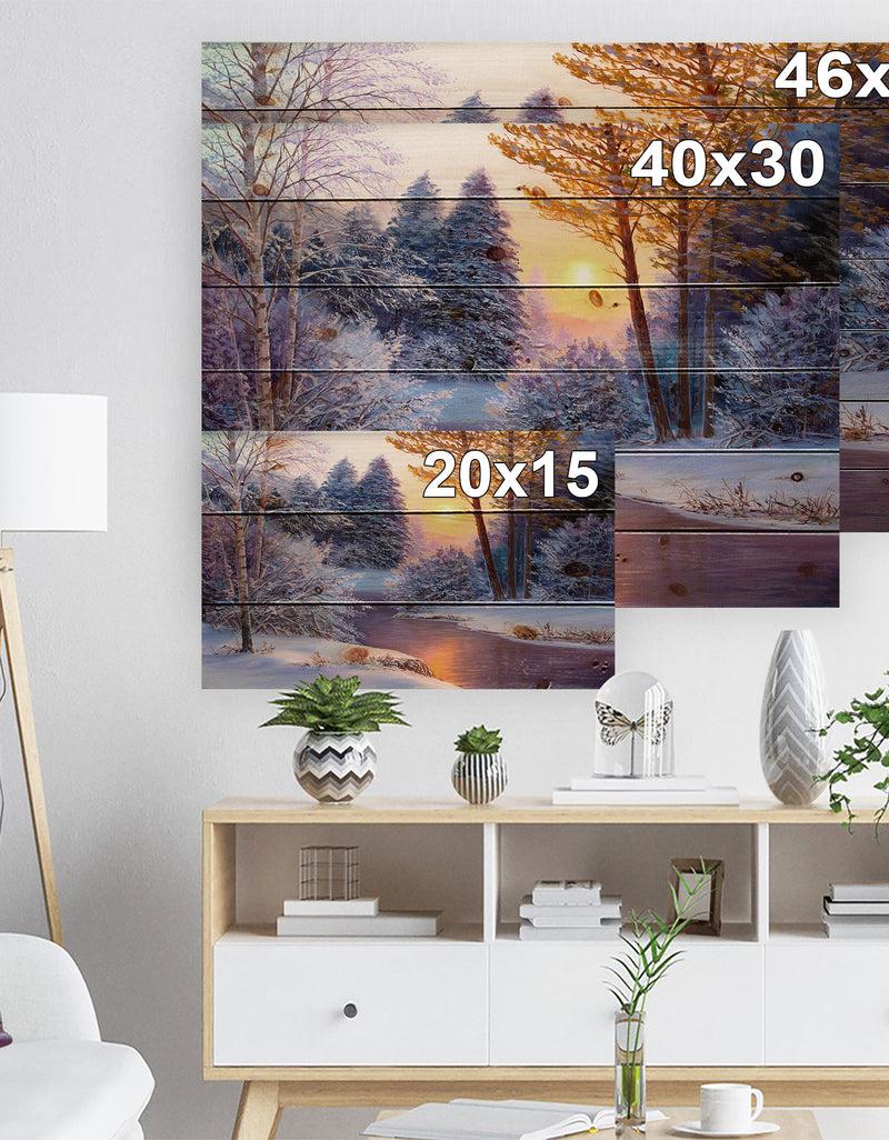 DesignQ Winter Forest In River - Landscapes Painting Print On Natural Pine Wood