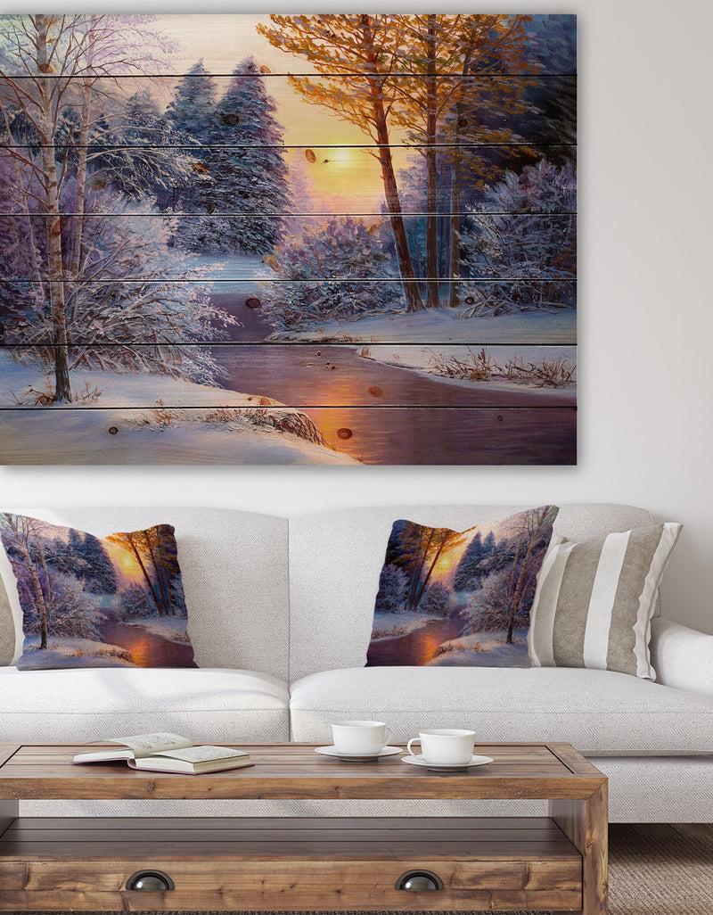 DesignQ Winter Forest in River - Landscapes Painting Print on Natural Pine Wood